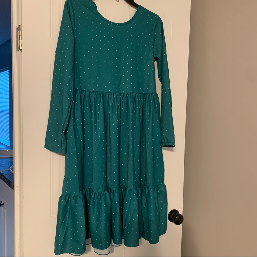 Teal polka dot ruffle dress